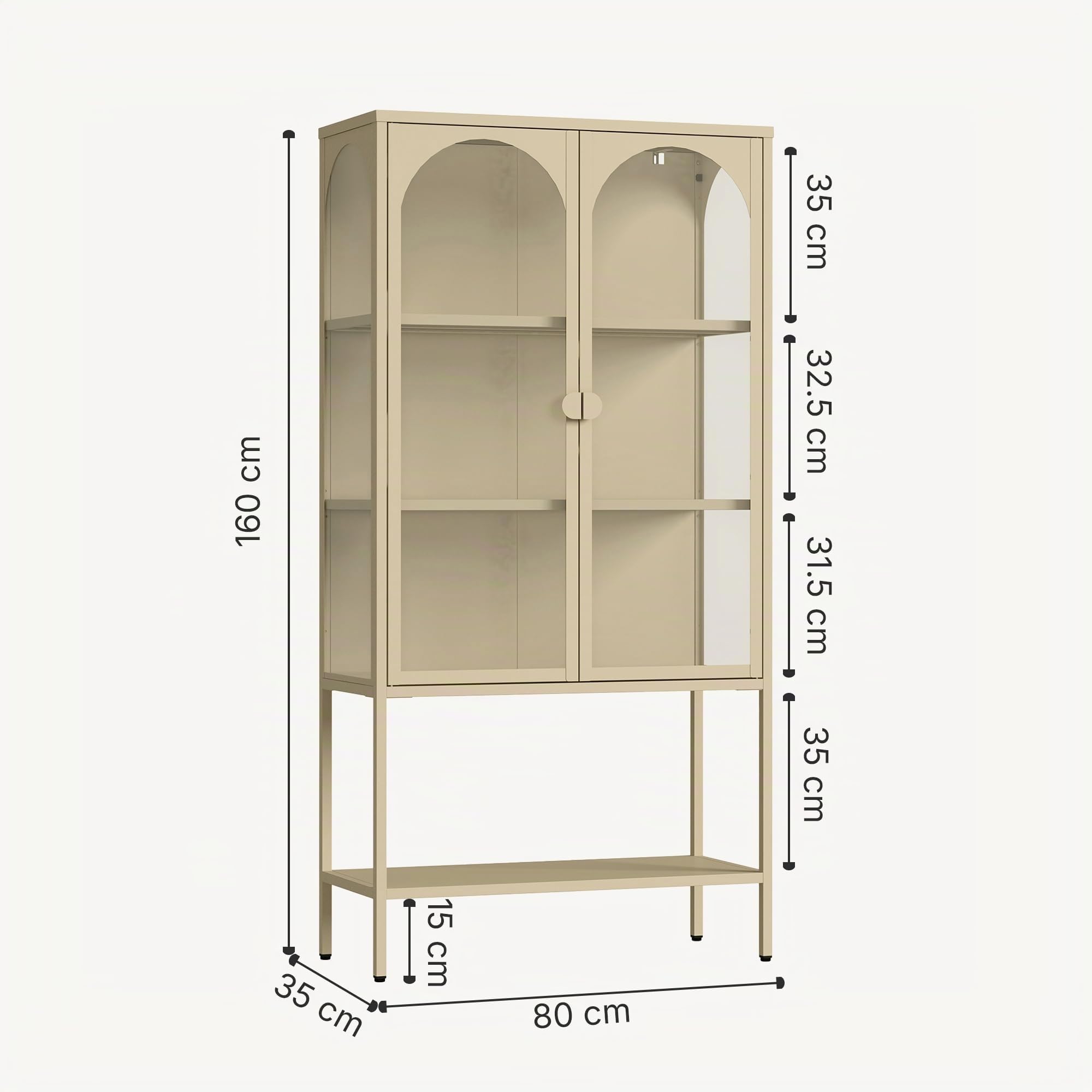 [en.casa] Vitrina Klippestad Aparador Alto 1 con Estante Inferior 2 Puertas de Cristal Transparente 3 Compartimentos Cerrados Mueble Auxiliar para Cocina Comedor Oficina Acero 160 x 80 x 35 cm - Camel