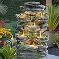 USSerenaY 7 Tiers Cascading Rock Water Fountain with LED Lights, Outdoor Waterfall Fountain for Garden, Deck, Backyard, Patio, Porch, Natural Stone Look