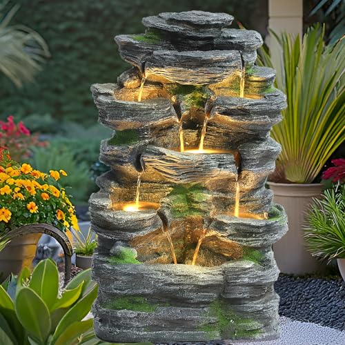USSerenaY 7 Tiers Cascading Rock Water Fountain with LED Lights, Outdoor Waterfall Fountain for Garden, Deck, Backyard, Patio, Porch, Natural Stone Look