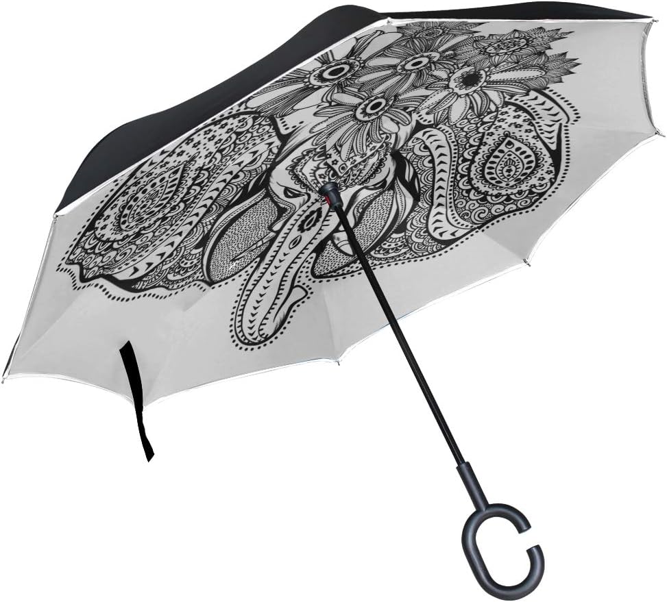 Indian Elephant Ethnic Animal Double Layer Folding Anti Uv Protection Waterproof Windproof Straight Cars Golf Reverse Inverted Umbrella Stand with C-Shaped Handle for Car Rain Outdoor