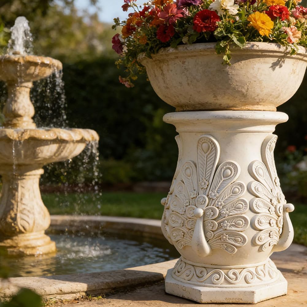 Decorative Roman Column Pedestal, English Rosette Indoor Outdoor Sculptural Garden Plinth Base Statue Riser, Weatherproof Sturdiness Plinth Base Statue Riser for Statues, Flower Pots, Decor, Cast Stone Resin (1458)