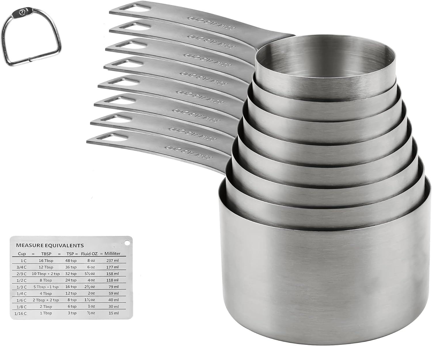 Juego de tazas medidoras de acero inoxidable 18/8 (304), juego de 9, 8 tazas medidoras de metal con 1 tabla de conversión magnética, tazas métricas con 1/8 y 3/4 taza para hornear y cocina