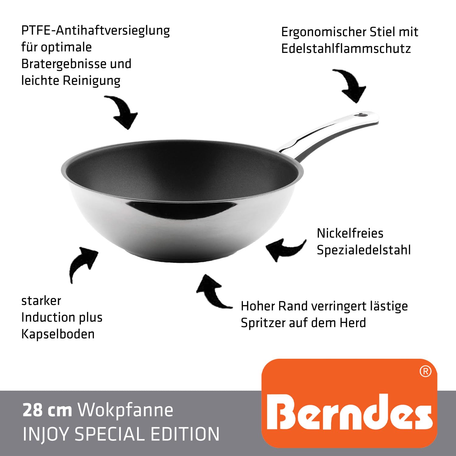 Berndes Stielwok Injoy Special Edition – Wokpfanne aus Edelstahl, Wok für Induktion, beschichtet, 28 cm