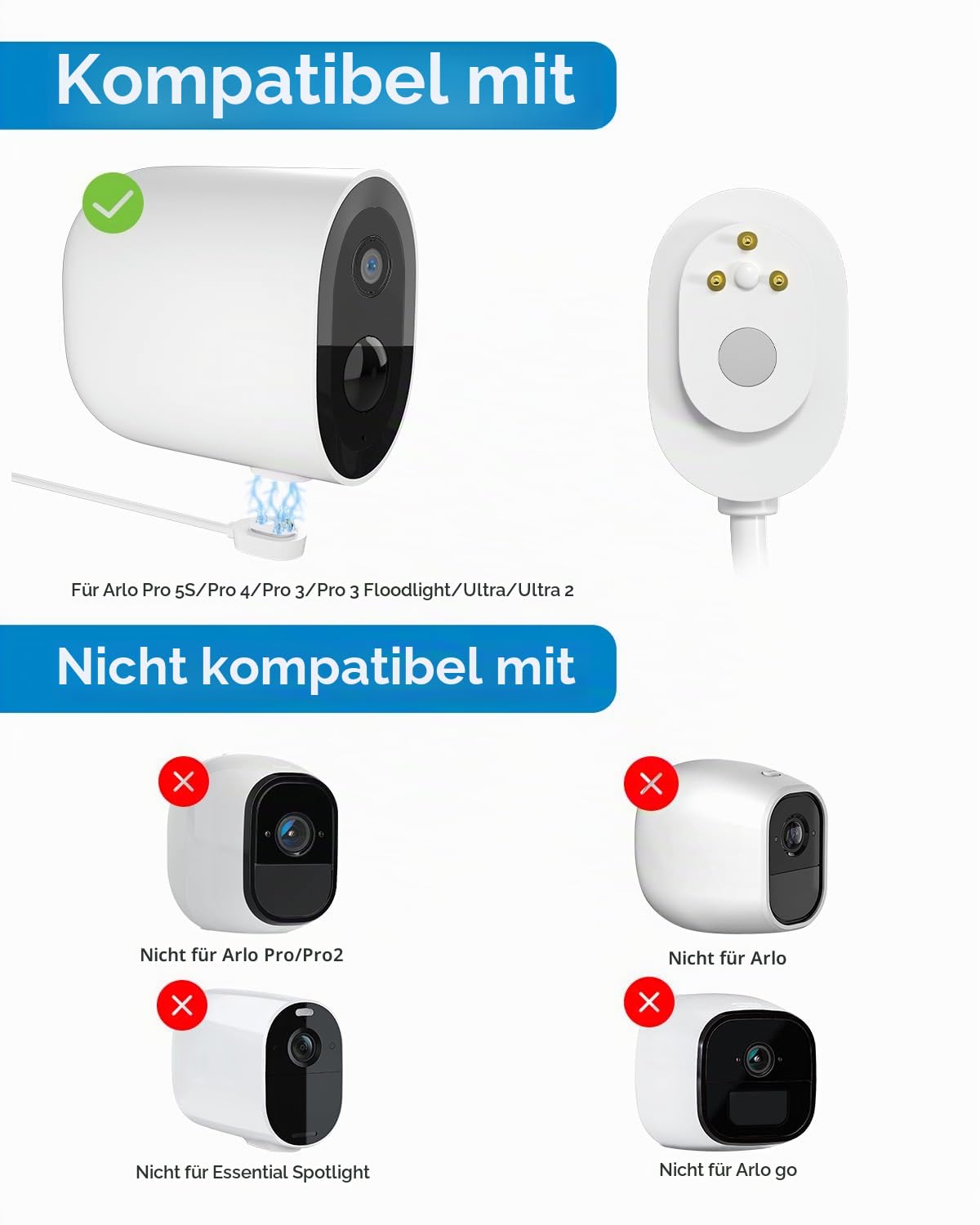 Solarmodul-Ladegerät, kompatibel mit Arlo Ultra/Ultra 2/Pro 3/Pro 4/Pro 3 Flutlicht-Sicherheitskamera, 5V/4 W Solarzellen, Ladegerät IP65, mit 3m Magnet Ladekabel, verstellbare Halterung (2 PACK)