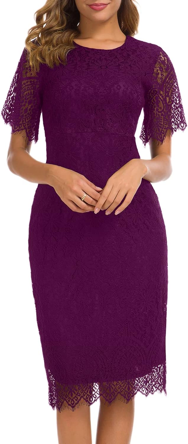 MSLG Women's Elegant Floral Lace Round Neck Short Sleeves Cocktail Party Bodycon Knee Length Dress 931 Large Purple