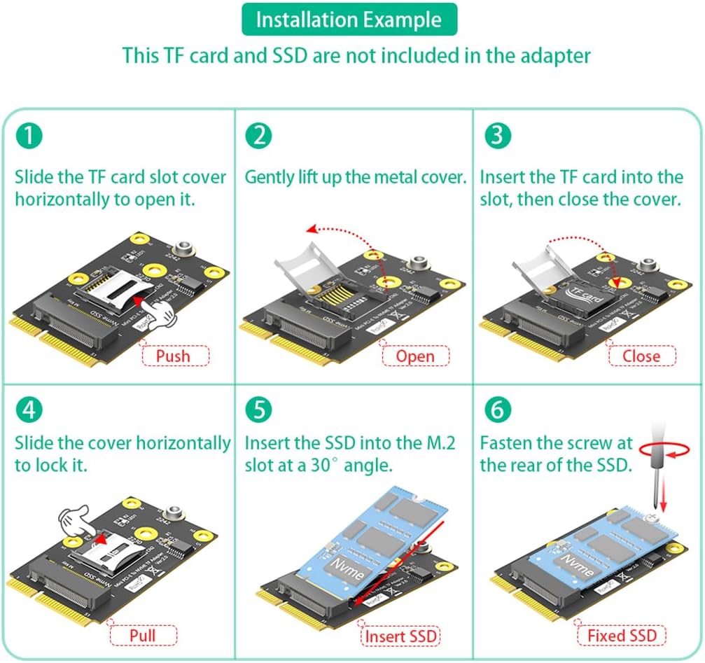 JMT Mini PCI-E to TF Card USB2.0 + M.2 Key-M SSD Adapter Compatible with NAS Industrial Control Motherboard, NVMe 2230 SSD