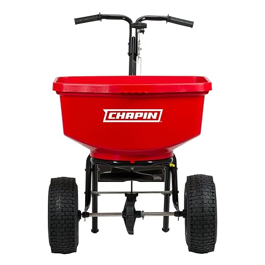 Chapin 8303C Made in the USA 100 lb. Contractor Turf Broadcast Spreader with Enclosed Gears System, Rugged Powder Coated Steel Frame, 12 Inch Tire, Includes Rain Cover and Grate, Red