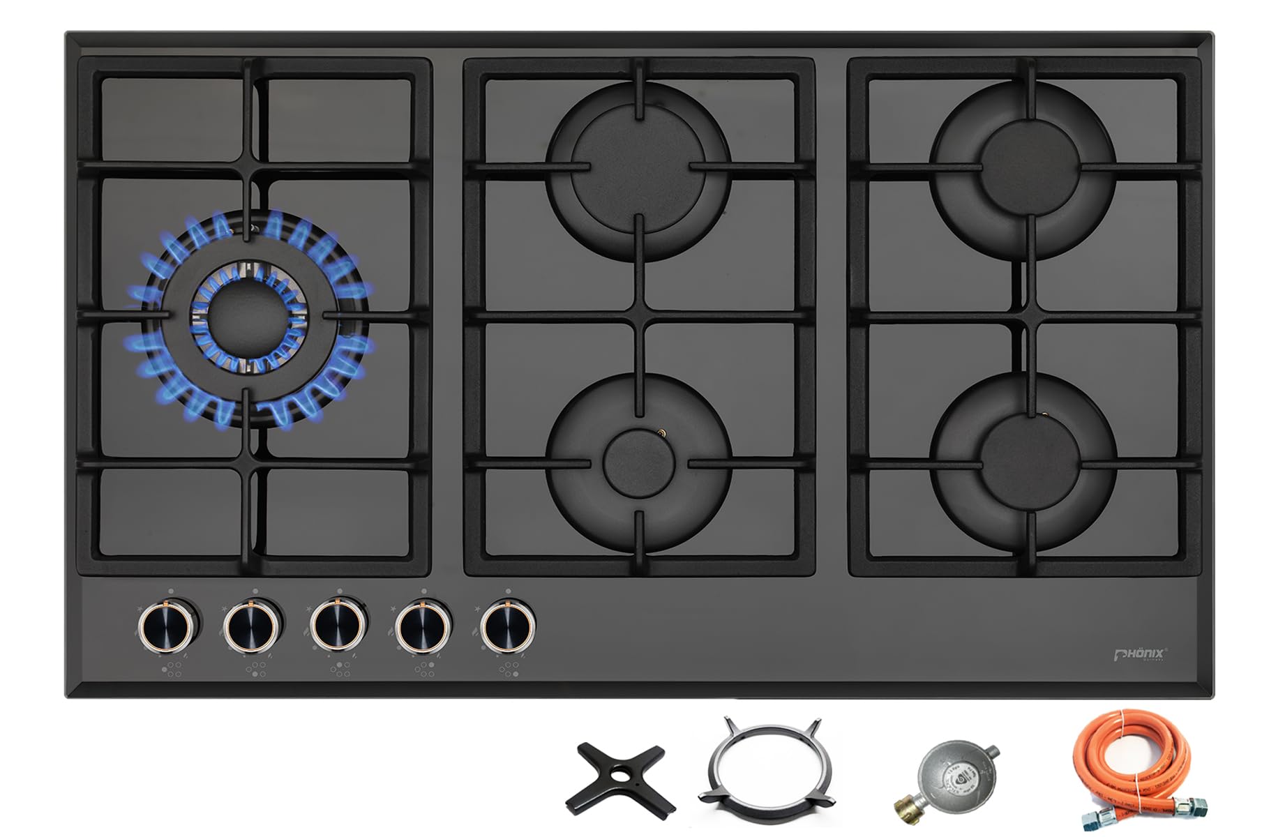Phönix PG-901LT encimera de gas empotrada cocina de gas de vidrio 5 placas autosuficientes (independiente/empotrada- placa de gas) incl. conjunto de regulador de manguera de gas
