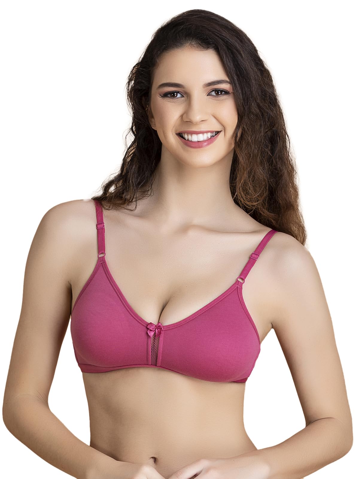 Women's Cotton Rich Solid Non-Padded Full Cup Wire Free Everyday Bra - Dark Pink