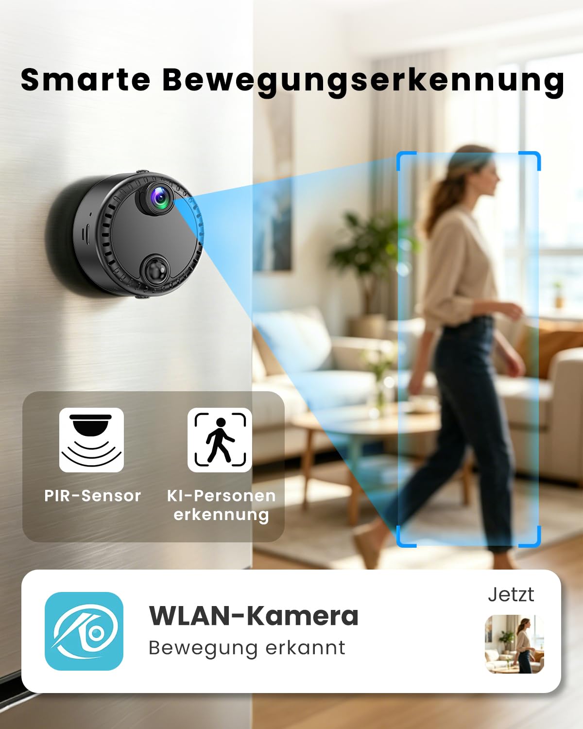 Mini Kamera 4K WLAN Überwachungskamera innen kabellos mit Akku, 2,4/5 GHz WiFi, Live-Übertragung aufs Handy, KI-Personenerkennung, Bewegungsmelder, Nachtsicht, SD & Cloud Speicher