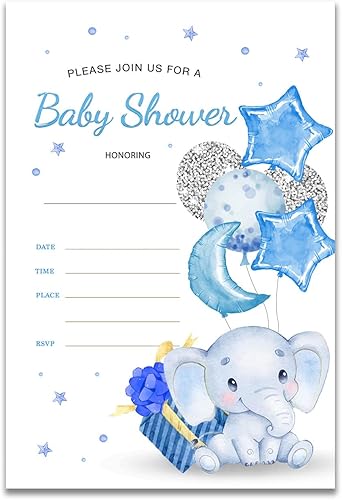 YIDOU Invitaciones de fiesta de baby shower con globo azul cielo, 20 invitaciones y sobres (doble cara)