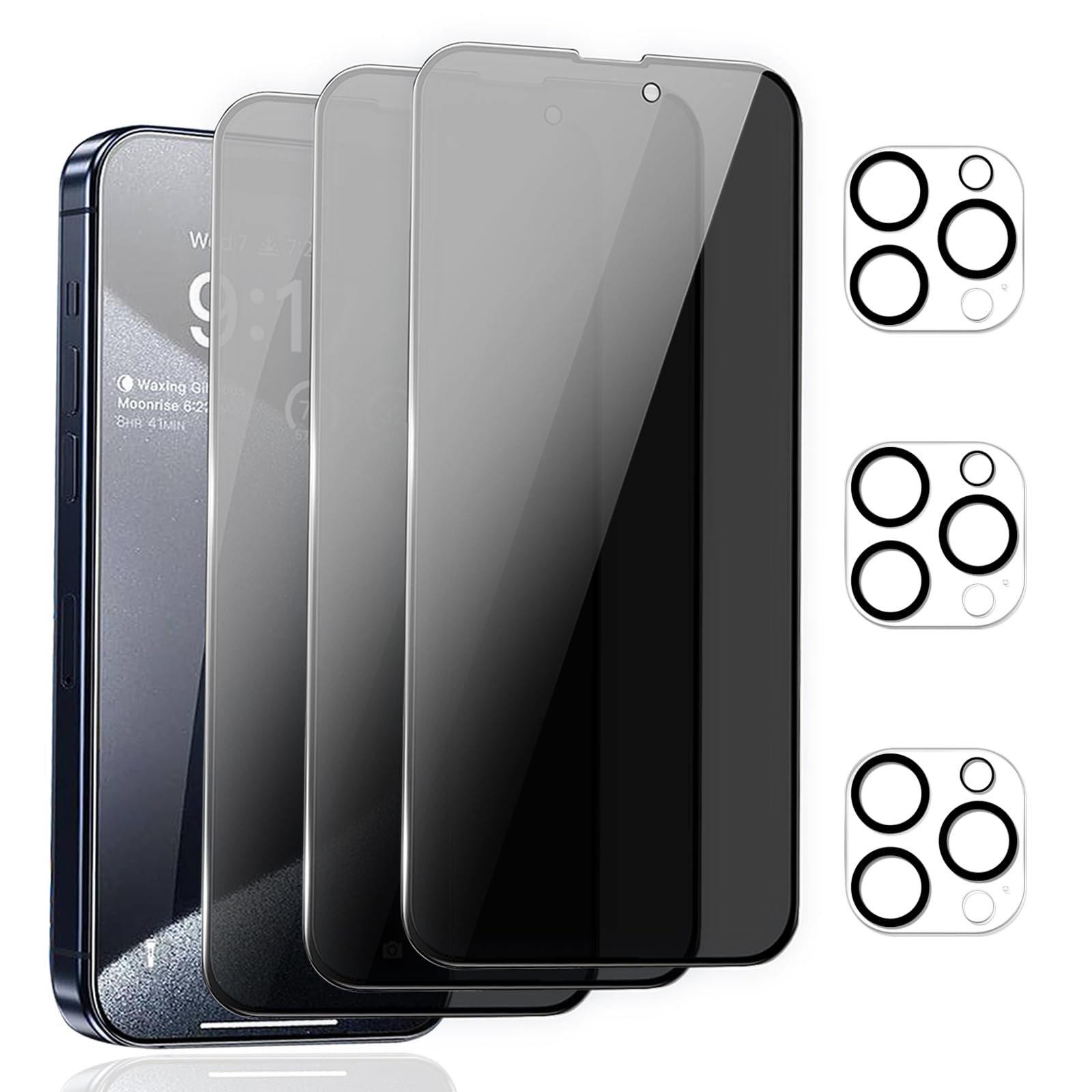 3 Pack Privacy Screen Protector for iPhone 15 Pro Max & 3 Pack Camera Lens Protector, 9H Hardness Anti Spy Private Tempered Glass Screen Protector for iPhone 15 Pro Max[3+3]