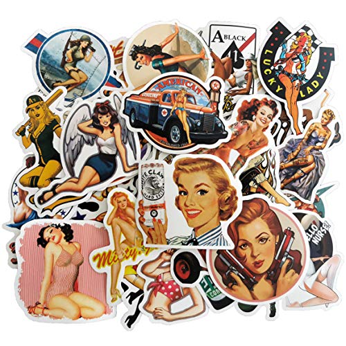 Pin Up Girl Stickers Vintage Women Decals 50pcs Waterproof Vinyl Sticker Pack for Adults Mens Armoire Wardrobe Laptops Cars Motorcycles Trucks Helmet Bumper