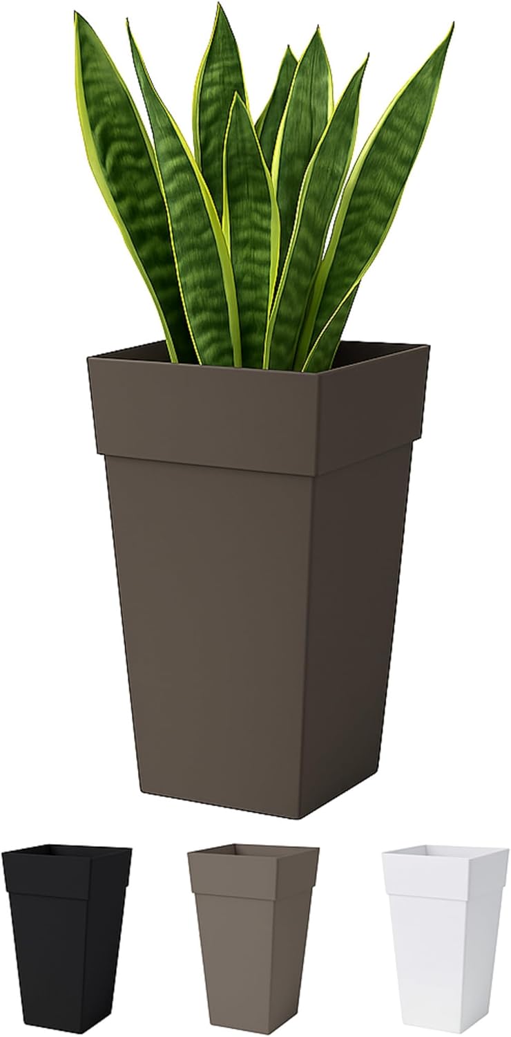 Bloem Finley 20" Tall Square Peppercorn Plastic Resin Planter with Drainage Holes for Indoor and Outdoor Gardening