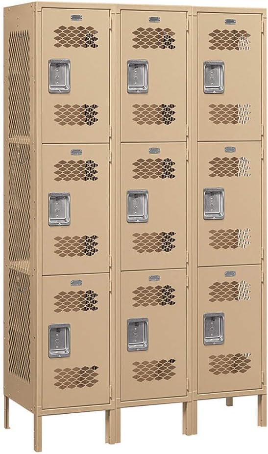 Salsbury Industries Assembled 3-Tier Extra Wide Vented Metal Locker with Three Wide Storage Units, 6-Feet High by 18-Inch Deep, Gray