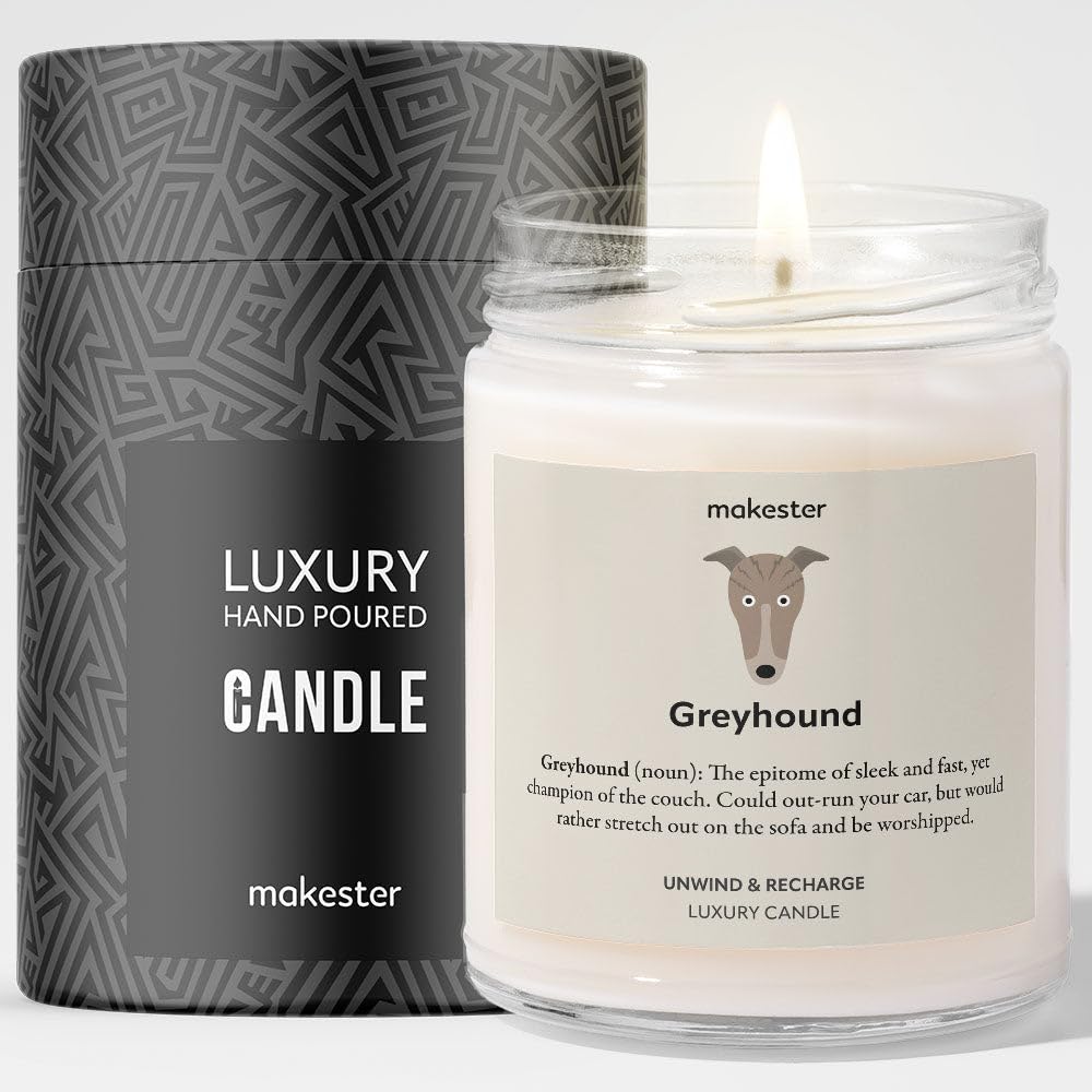 Makester White Greyhound Gifts - Luxury Soy Wax Candle - Vanilla, Jasmine, Sugared Almond