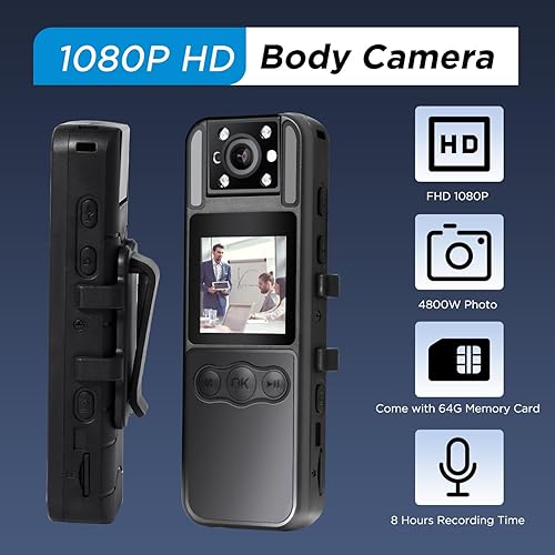 Miniatura 2 de Giurrovo Cámara corporal de 64 GB con audio y video, mini cámaras corporales 1080P con visión nocturna infrarroja, videocámara de bolsillo de cámara