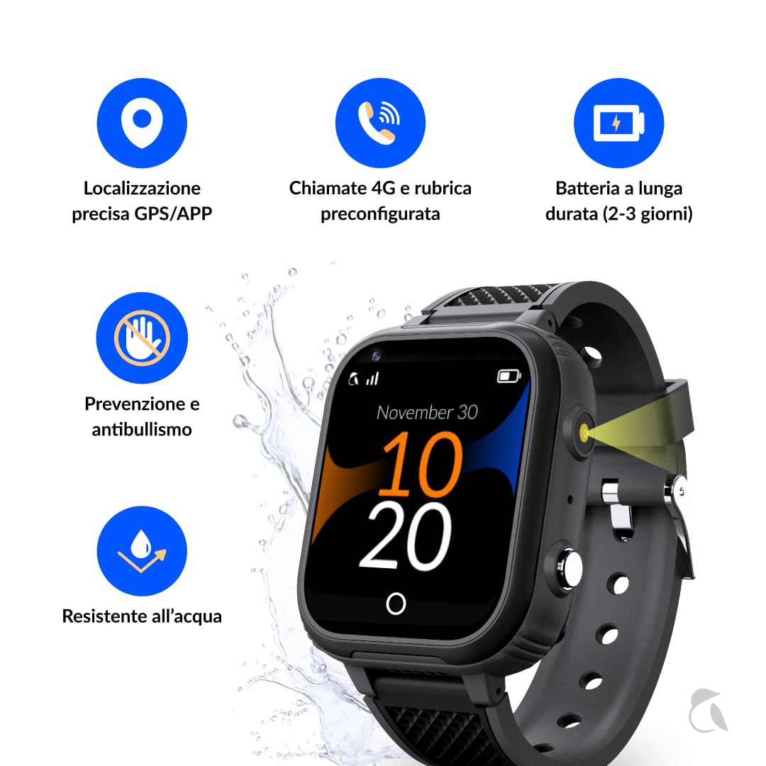 Robin Watch K1 | Alternativa allo Smartphone: Orologio 4G GPS per bambini e Chiamate Sicure, SOS, Modalità Classe, App Genitori, Batteria 2-3 Giorni | Senza Social, Senza Giochi, Senza Browser (Nero)