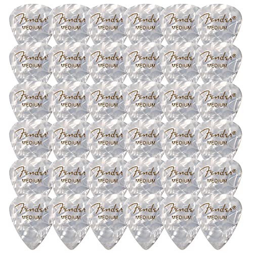 Fender Premium Celluloid 351 Shape Picks, Medium, White Moto - 36 Pack