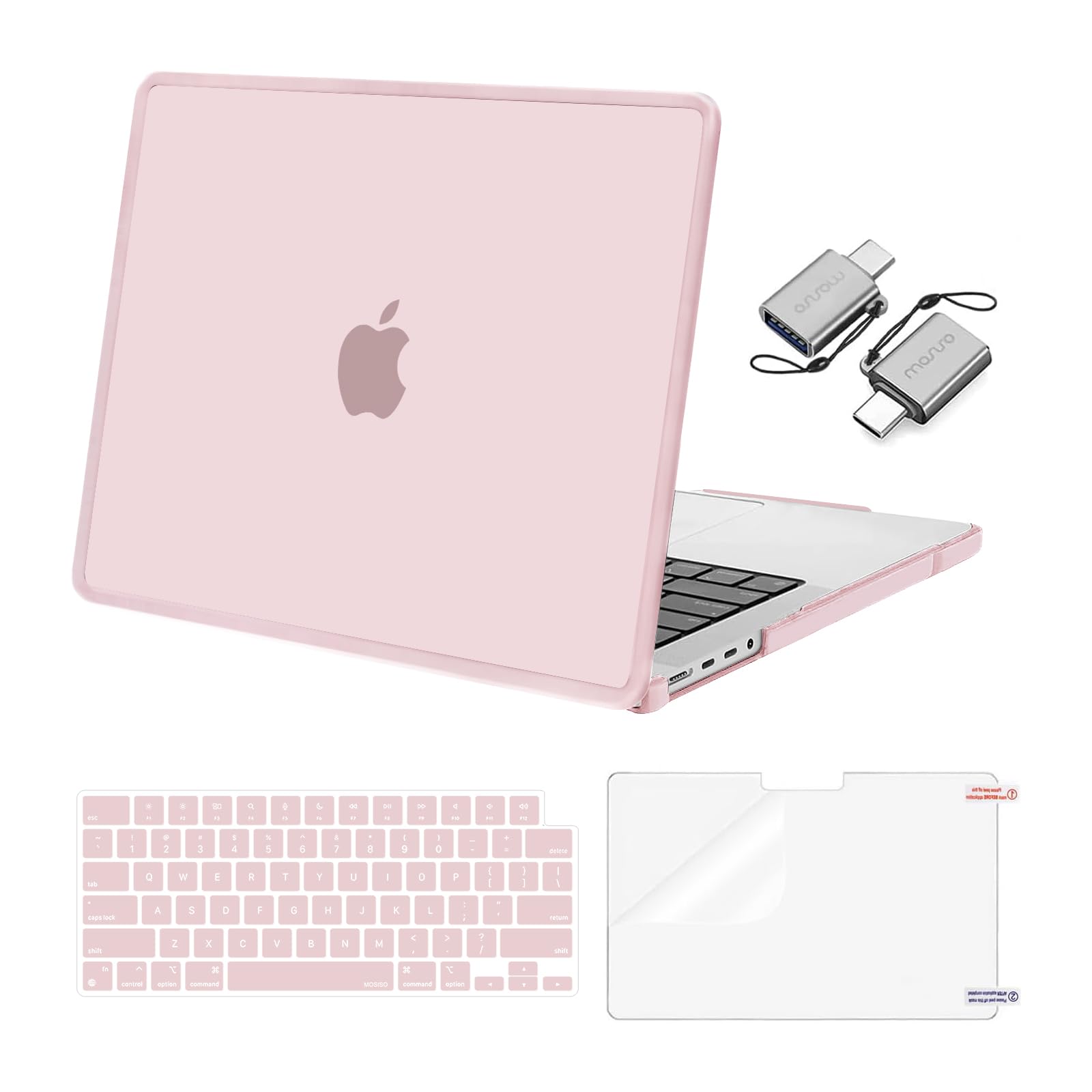 MOSISO Compatible with MacBook Pro 14 inch Case 2025-2021 M4 M3 M2 M1 A3112 A3185 A3401 A2918 A2992 A2779 A2442, Soft TPU Frame Bumper Plastic Hard Case&Keyboard Cover&Screen Film&Type C, Rose Pink