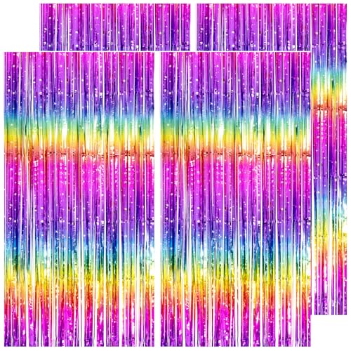 Image of Neon Rainbow Streamers Thicken 4 Pack 13.2x8.2 FT, Tinsel Backdrop Curtains for Birthday Decrorations, Foil Fringe Photo Backdrop for 80s 90s Disco Party Decorations