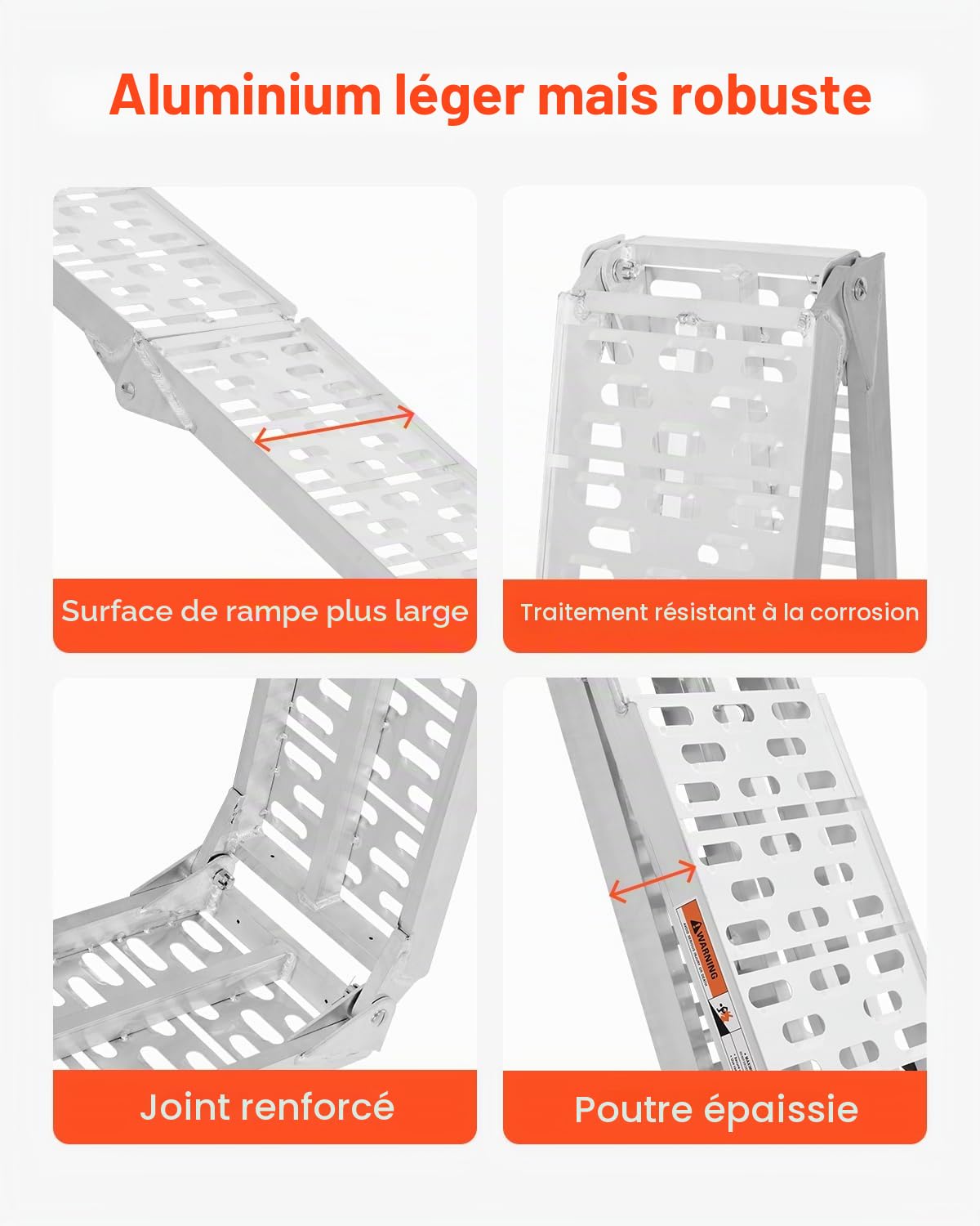 VEVOR Rampe d'accès en Aluminium, 1 pièce, Rampe de Chargement Pliable, Charge de 340 kg, avec Surface Plus Large, Robuste, Stable et Universelle, avec poignées, pour Moto, Scooter électrique, vélo
