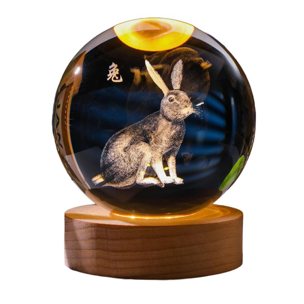 Chinese Zodiac Luminous Crystal Ball Night Light, Chinese Zodiac Horse 3D Crystal Ball with Wooden Lighting Base, Feng Shui Glass Sphere, New Year Birthday Gift, Home Furnishings (rabbit 8cm)