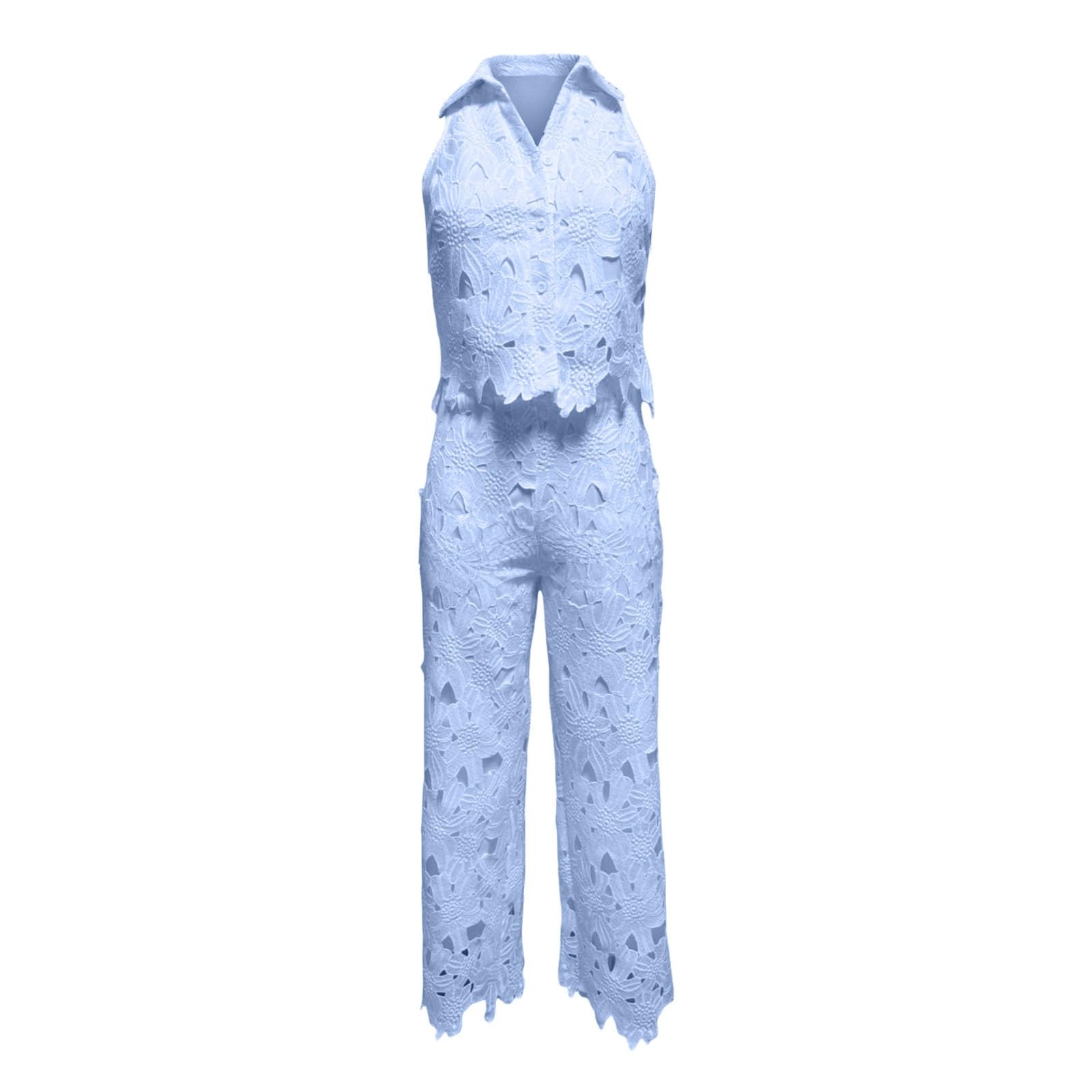 Completo Donna Estivo da Spiaggia - Completi Donna Abiti in Due Pezzi con Gilet in Pizzo Traforato con Risvolto Pantaloni Gilet Corto Senza Maniche Floreale E Pantaloni a Gamba Larga