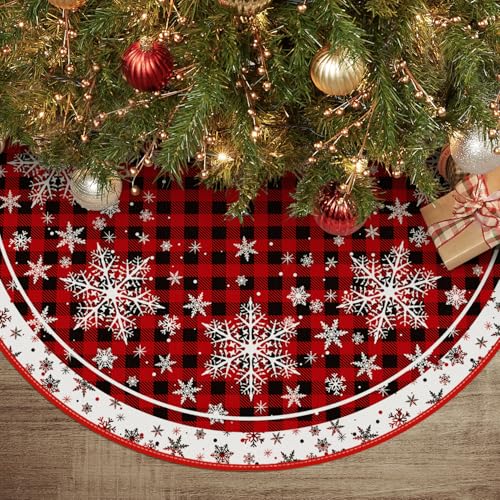 AVOIN colorlife Buffalo Plaid Snowflake Christmas Tree Skirt 48 Inch, Winter Holiday Tree Mat Decoration