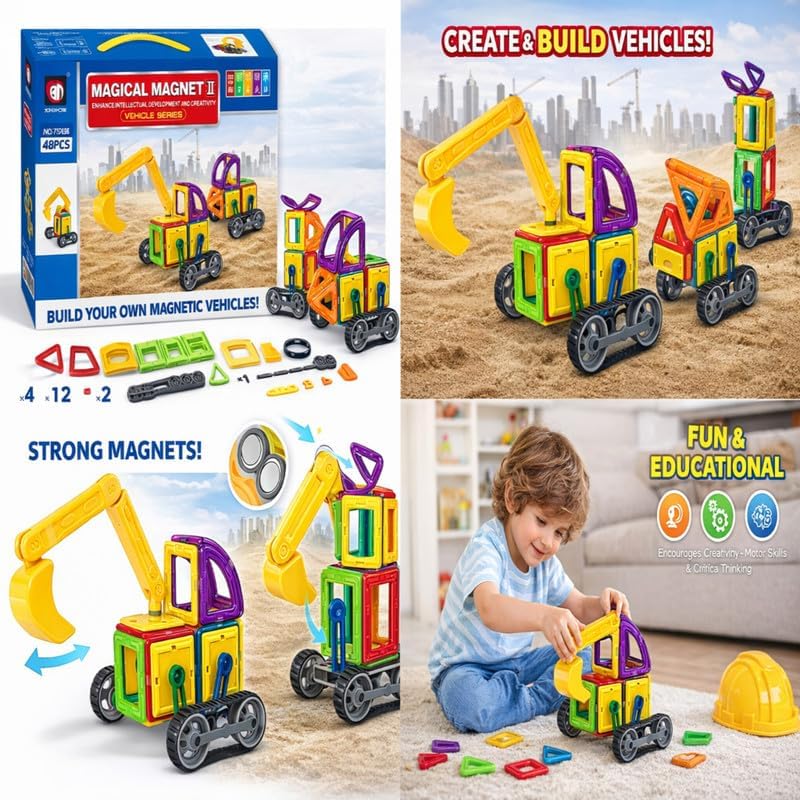 Image of 48 PCS Magnetic Building Blocks Construction Vehicle Set for Kids | Magnetic Tiles with Excavator, Crane, Trucks & Road Track | STEM Educational Toy for Boys & Girls Age 3+ Years
