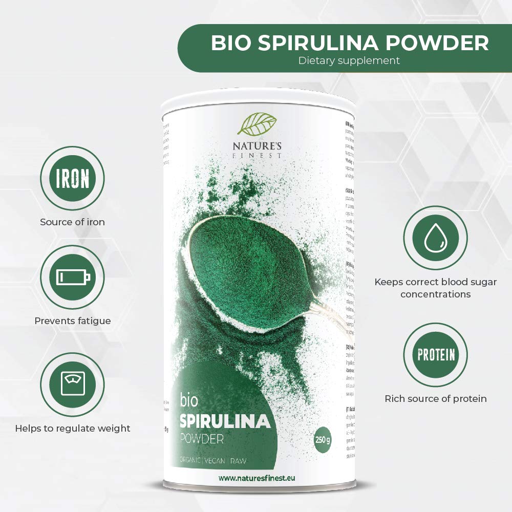 Nature's Finest Spirulina Bio in Polvere 1250 g (5x250 g) | Alga spirulina 100% pura certificata bio - polvere blu-verde, vegan, senza additivi - ideale per frullati, succhi e bowl