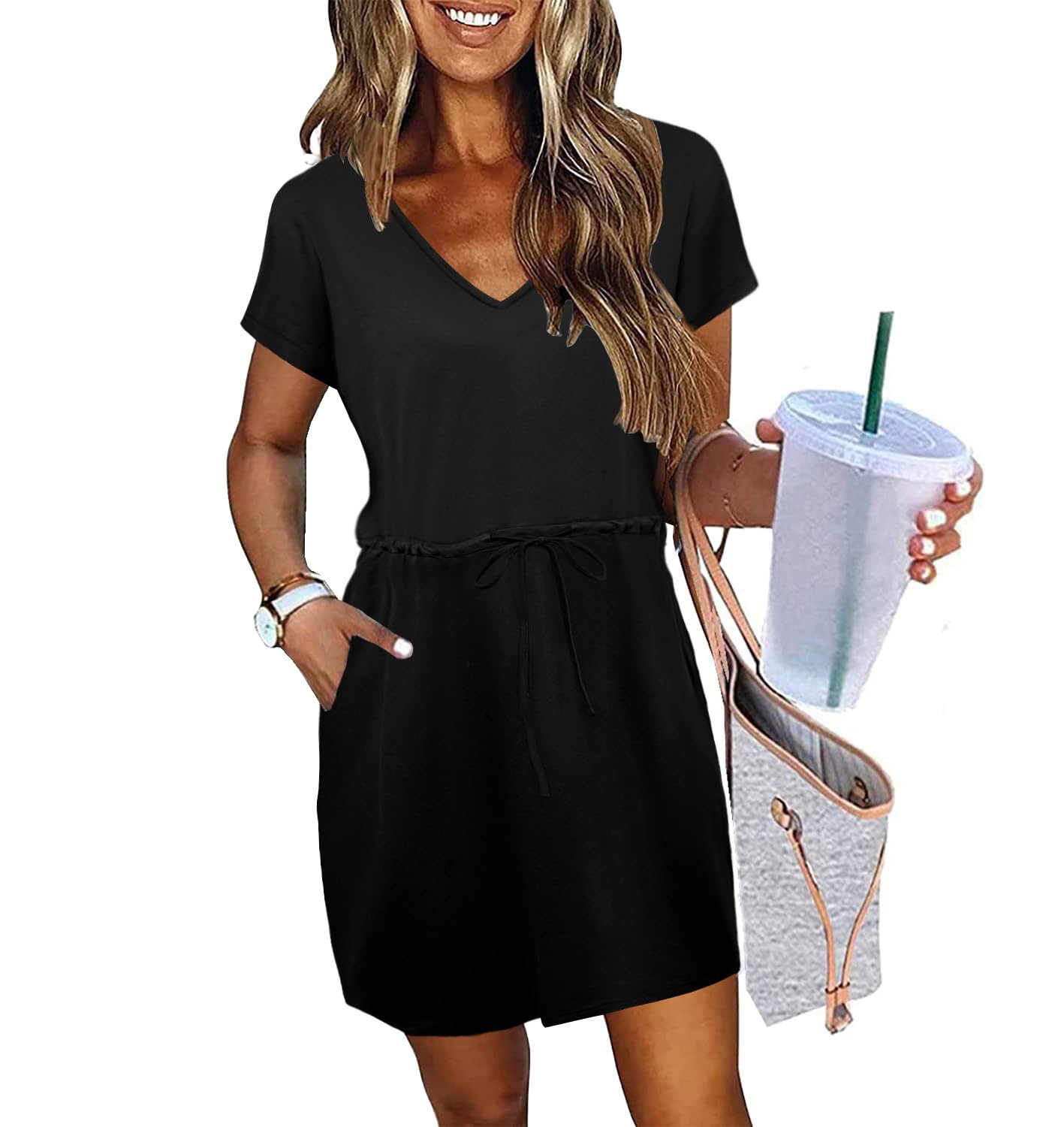 Womens Summer Dresses 2026 Casual Tie Front Short Sleeve A Line Midi Shirt Dress Beach Vacation Clothes