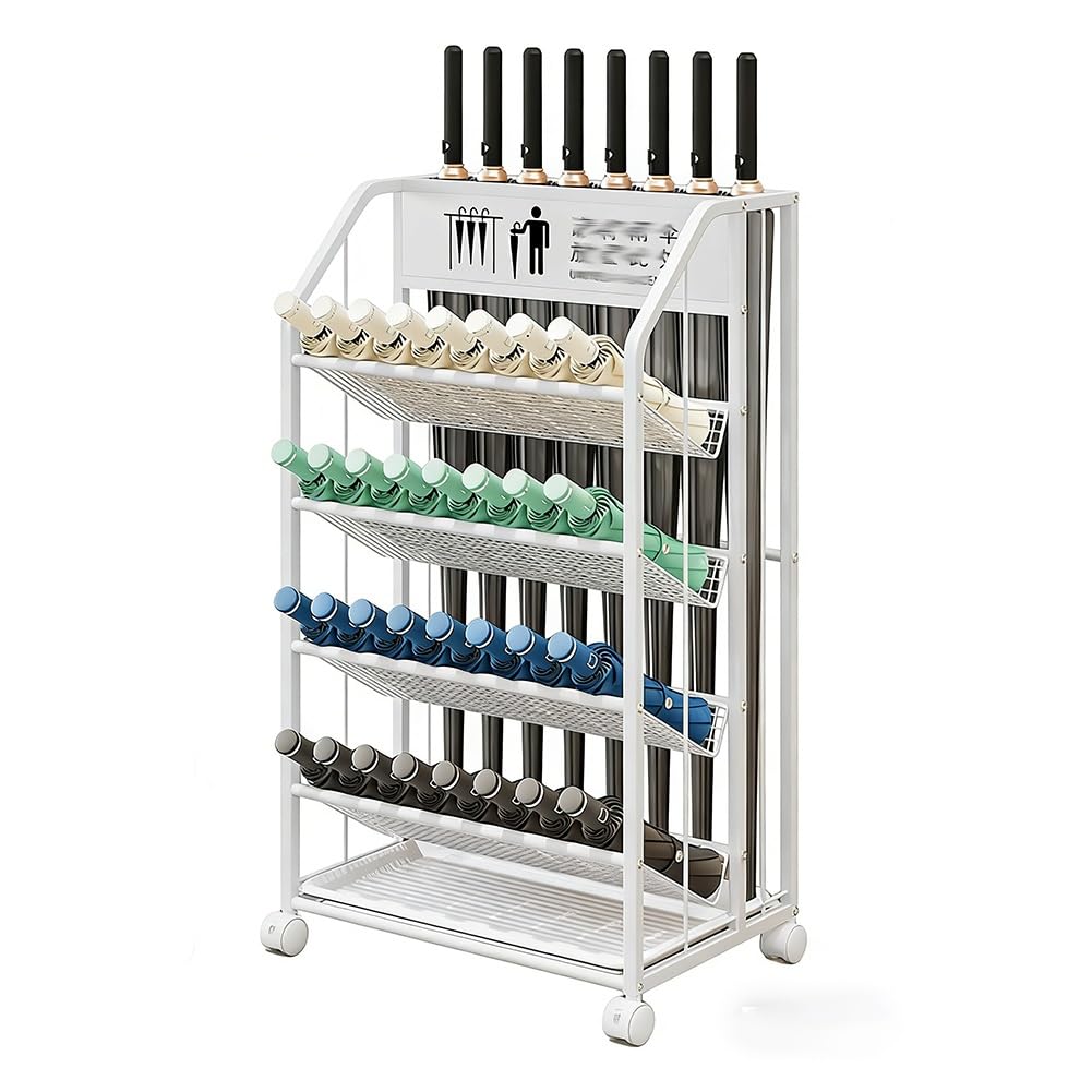 WXPGFEQ Freestanding Umbrella Stand, Metal Storage Rack with Removable Drip Tray, Multi-Purpose Mesh Holder for Office and Entryway