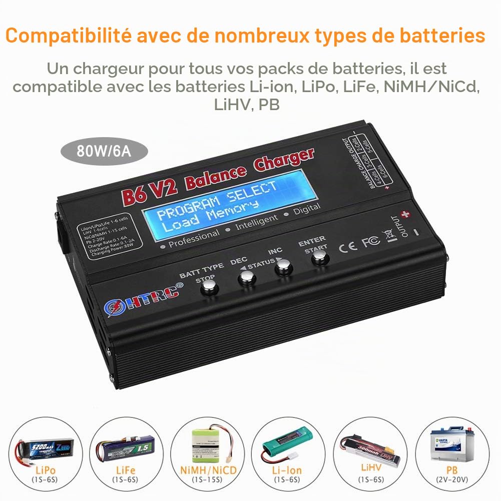 Haisito LiPo Chargeur Batterie Balance, Chargeur Numérique 1S-6S 80W 6A pour Batterie Li-ION NiCd NiMH LiHV PB Batterie Intelligente, Connecteurs Deans + Alimentation