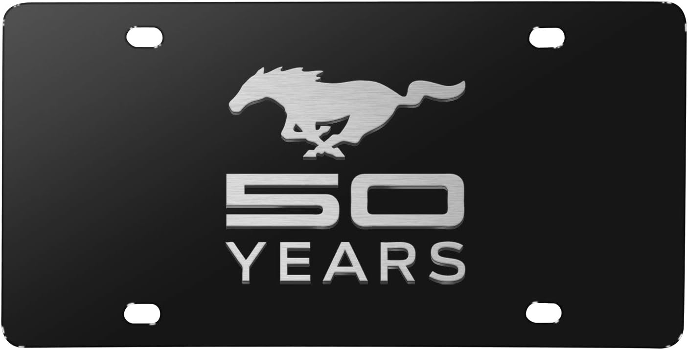 iPick Image for Ford Mustang 50 Years 3D Embossed Logo Black Stainless Steel License Plate - Official Licensed