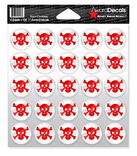 Image of Award Decals Skull and Crossbone (Red on Clear) Sticker Set (100 Decals) 1 inch The Original Award Decals Premium 20mil Thick Helmet Decals Made in the USA Since 1976
