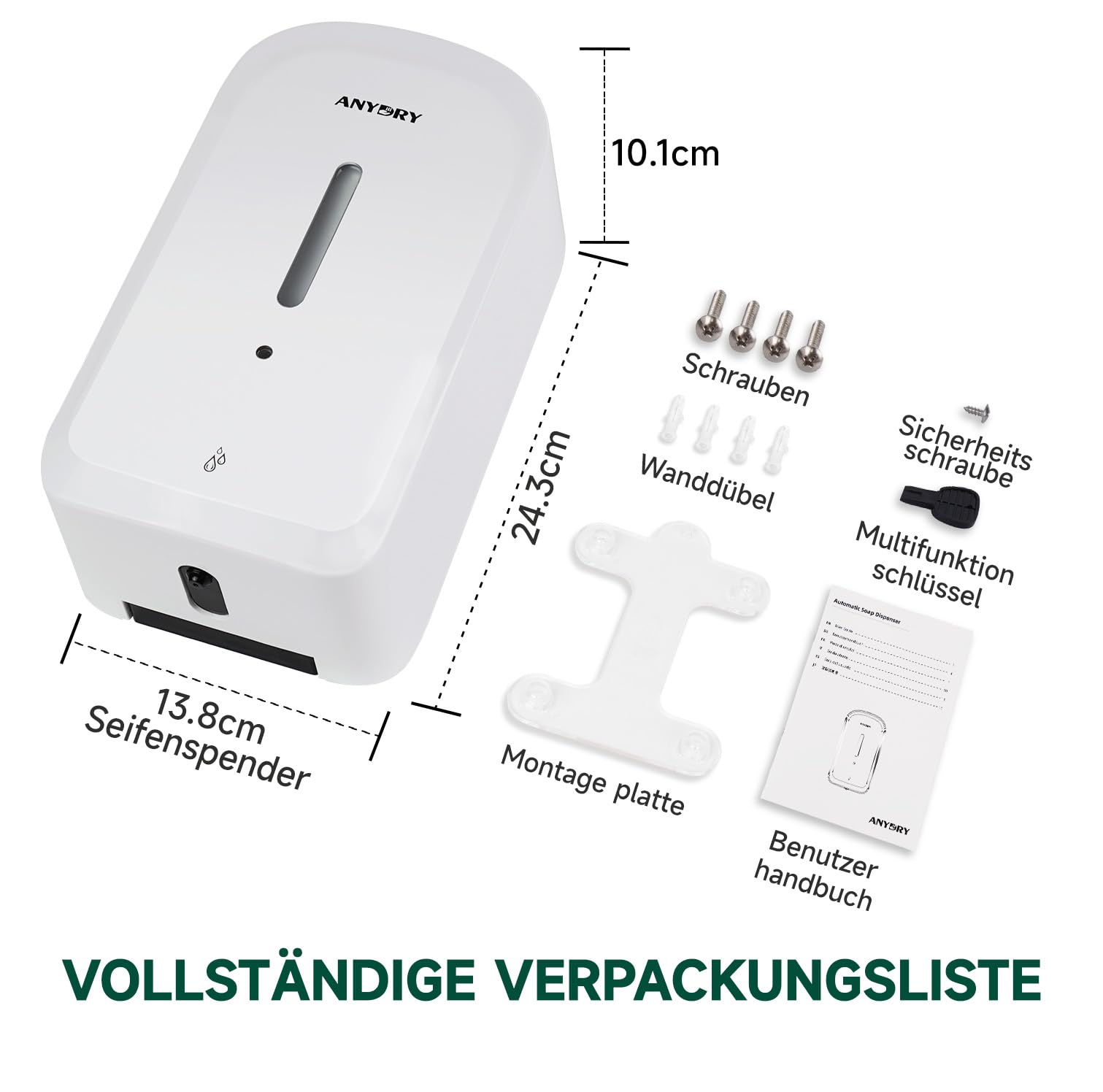 anydry Kommerzieller automatischer Seifenspender mit 1000 ml Fassungsvermögen, Wandmontage, berührungslose Flüssigseifen-Ausgabe für stark frequentierte Toiletten, Modell 1220S Weiß