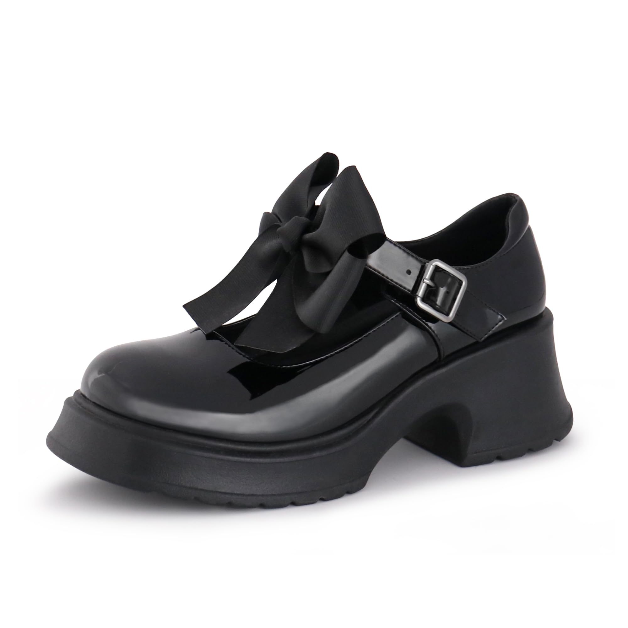 Gemialle Women's Mary Janes Platform Chunky Block Heels Work Wedding Shoes Ankle Strap Gothic Lolita Oxfords Detachable Bow Classic Comfortable Uniform Dress Shoes