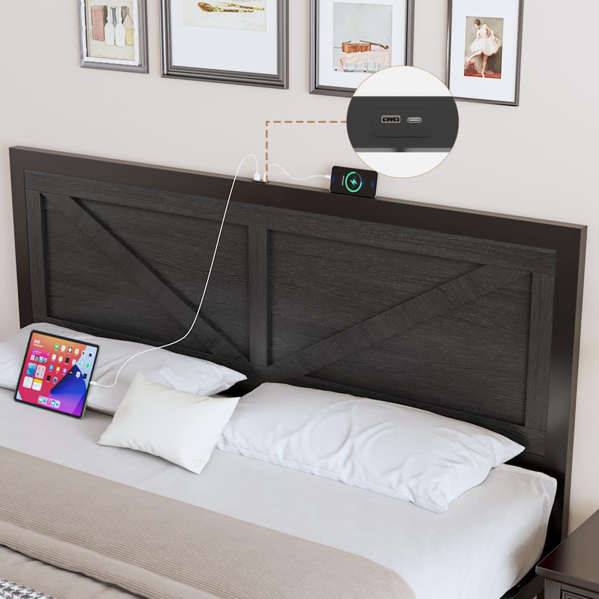DOGIBIXO Led Bed Frame Queen Size with USB Charging Station, Industrial Platform Bed Frame with Farmhouse Barn Door Headboard, Strong Metal Slats Support, Noise Free, No Box Spring Needed, Black