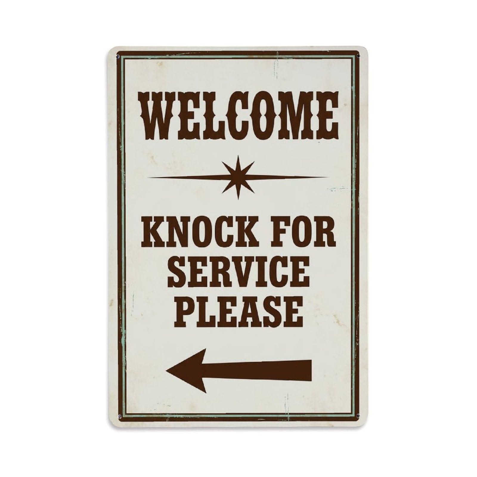 Vintage Welcome Knock For Service Please Arrow Star Metal Tin Sign