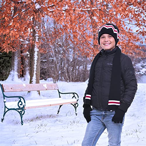Polar Wear Boys Knit Scarf Gloves Set Hat, Black/Red (1254), One Size #TOP2