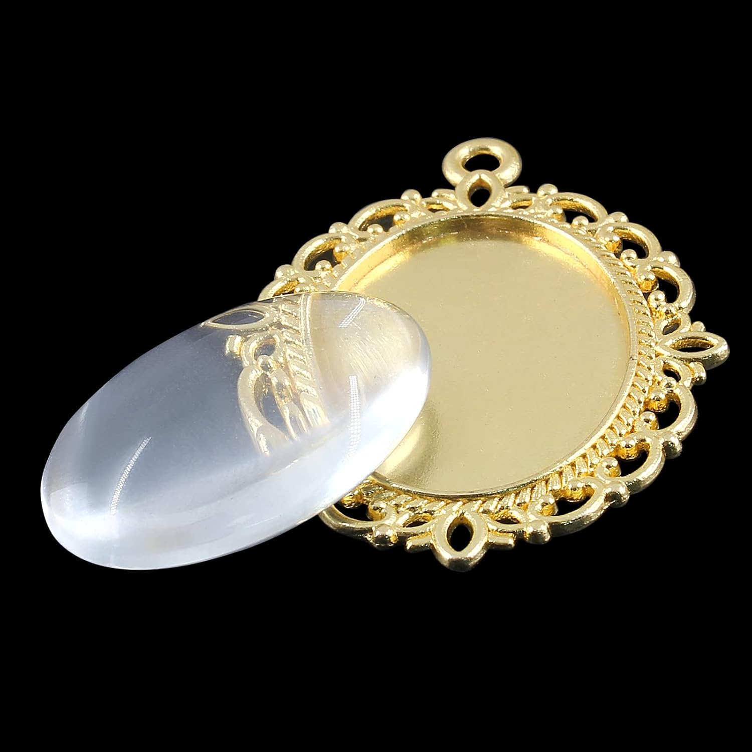 35 Sets Gold Oval Pendant Trays Kit, Alloy Oval Bezel Pendant Settings for Crafting DIY Photo Jewelry Making (Include 35Pcs Oval Pendant Trays Bezel Blanks & 35Pcs Clear Glass Cabochon) - Image 3