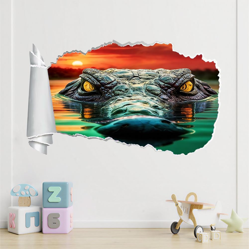 3D Wanddurchbruch Wandtattoo Krokodil Mädchen Wandaufkleber Sonnenuntergangsblick Junge Wandsticker Wanddeko Wandbild für Wohnzimmer Schlafzimmer Flur Kühlschrank 70x112cm
