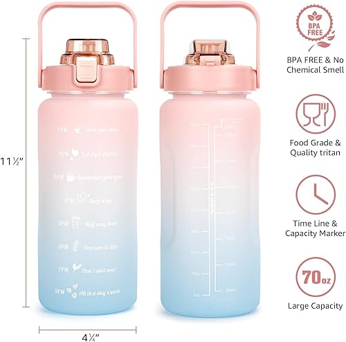 Miniatura 2 de futaiphy Botella de agua de medio galón de 64 onzas con manga, botellas de agua con marcador de tiempopajillapico de una tapa, a prueba de fugas,