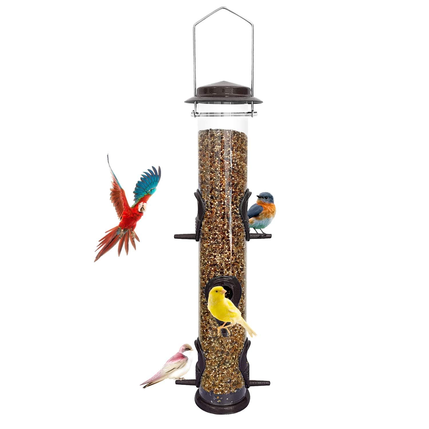 Metal Bird Feeders with 6 Feeding Ports,Tube Bird Feeder with Steel Hanger,Hard Plastic Wild Bird Feeder for Outdoors Hanging, Attracting Birds in Your Lawn, Garden, Balcony