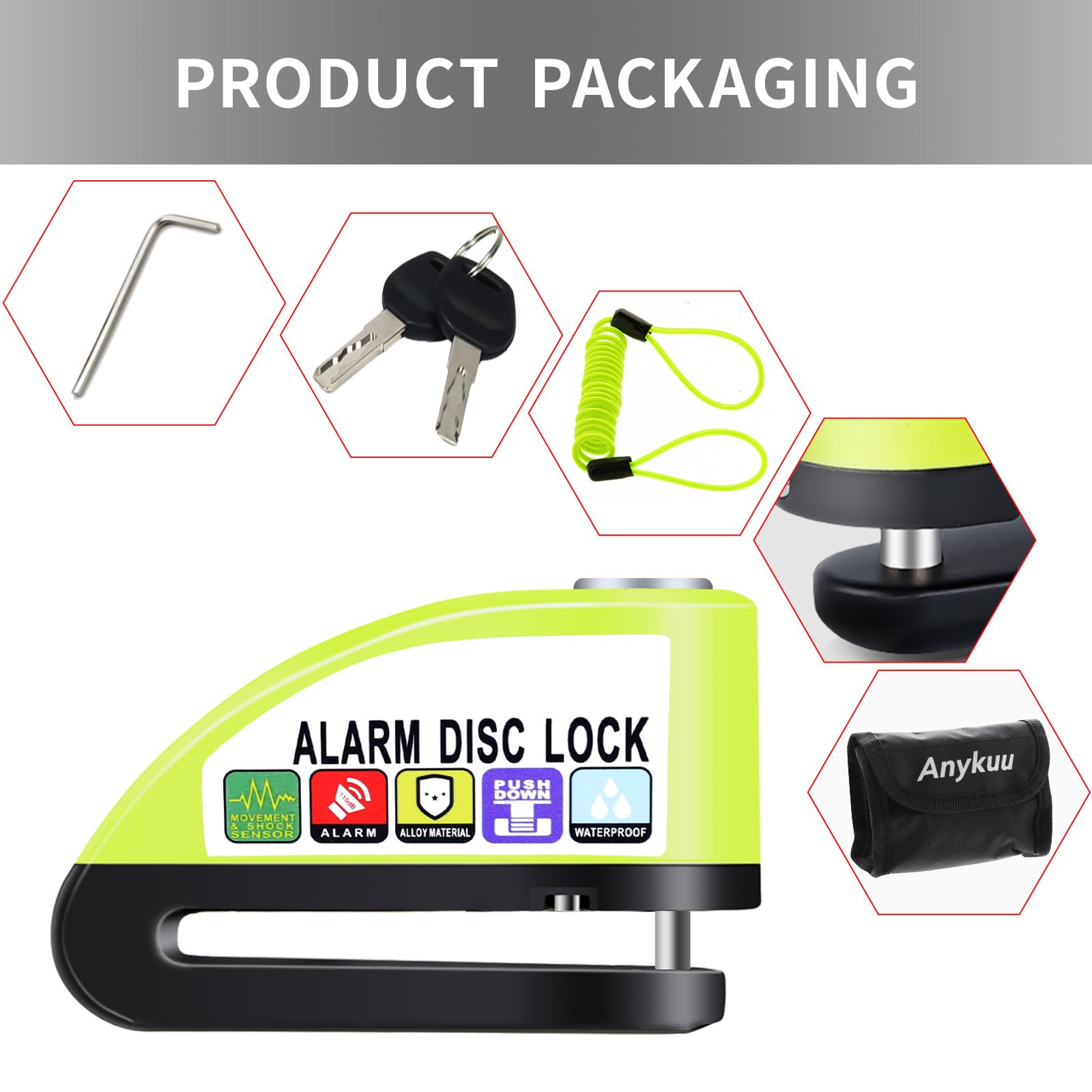 Anykuu Lucchetto Antifurto Moto Bloccadisco Moto Impermeabile Portatile da 7 mm con Allarme Sonoro 110DB e 1.5m Reminder Cavetto per Scooter Allarme Bloccadisco Bici