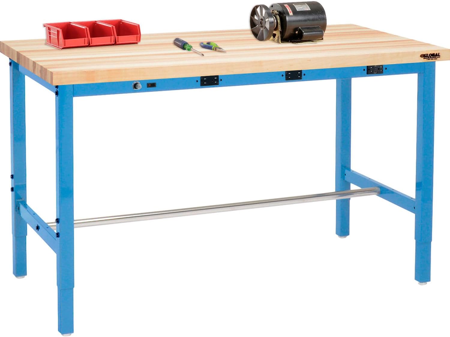 Global Industrial 60" W x 36" D Adjustable Height Workbench, Power Apron, 1-3/4" Thick Maple Top Safety Edge, Blue