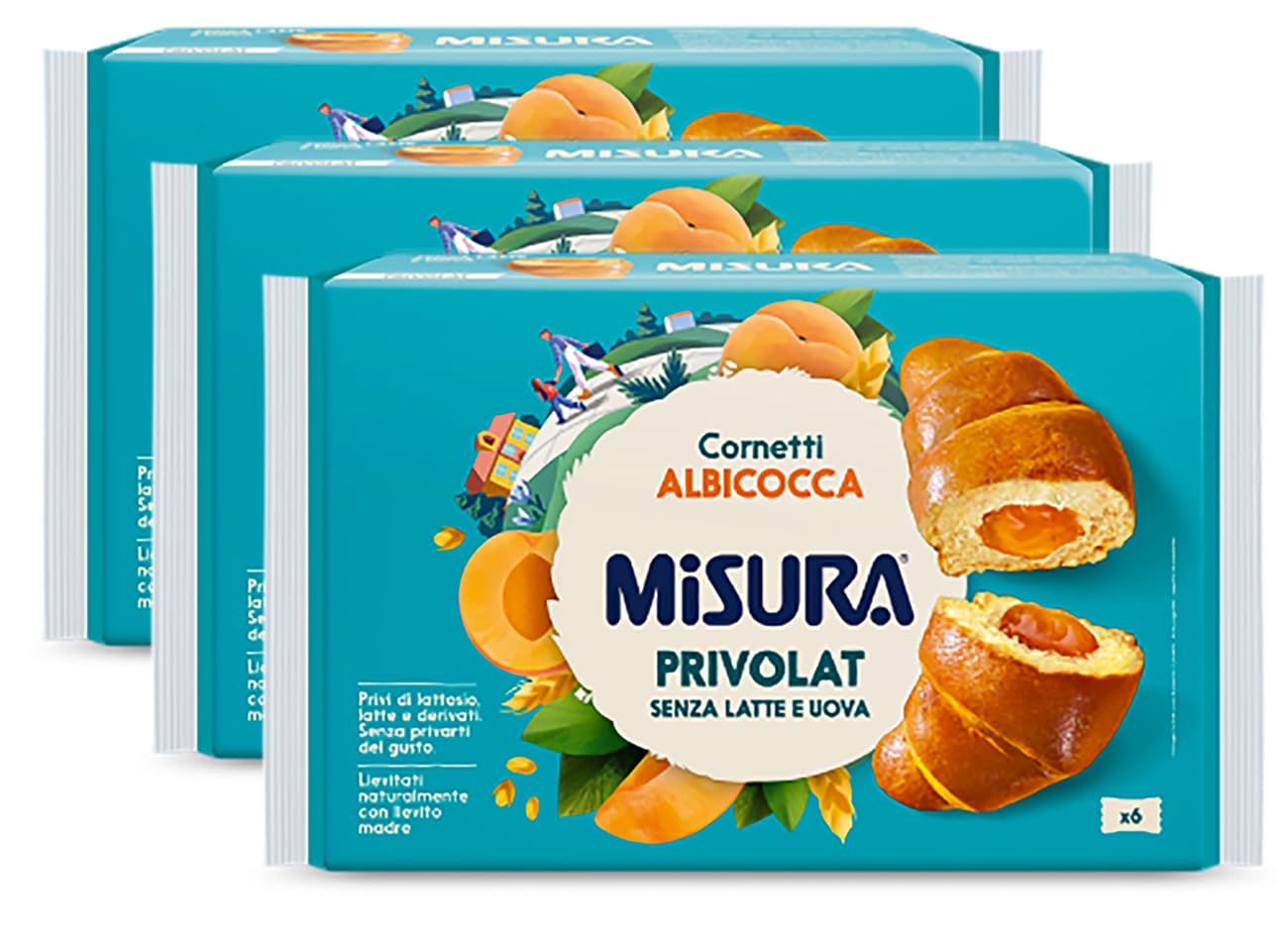 3X Misura Privolat Cornetti Albicocca Senza Latte e Uova (Lactose Free), Croissant Soffici e Farciti, 298g