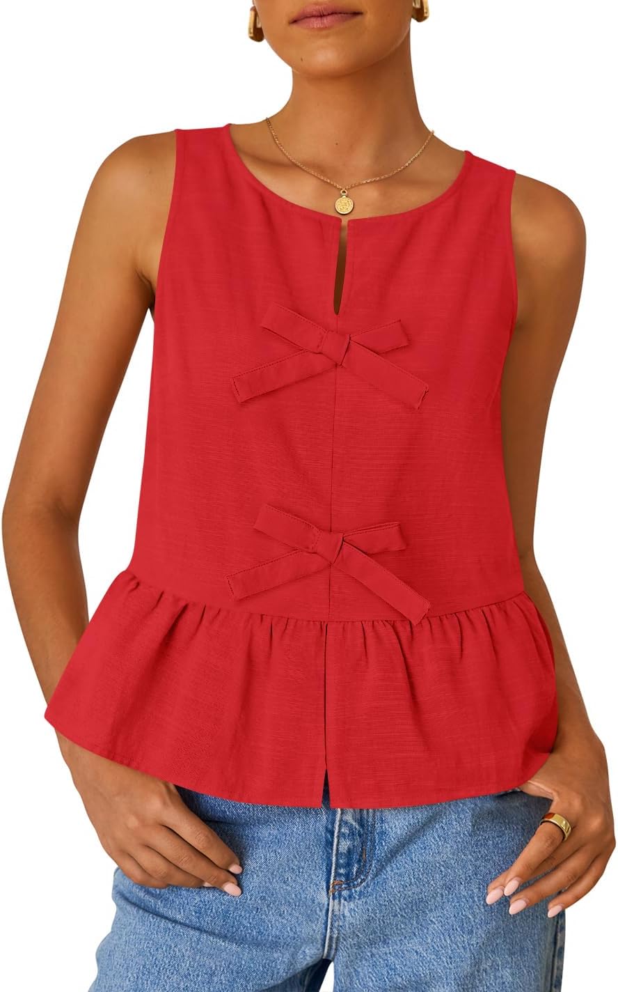 ZESICA Women's Summer Sleeveless Tank Tops Crewneck Tie Front Loose Flowy Ruffle Peplum Babydoll Blouses