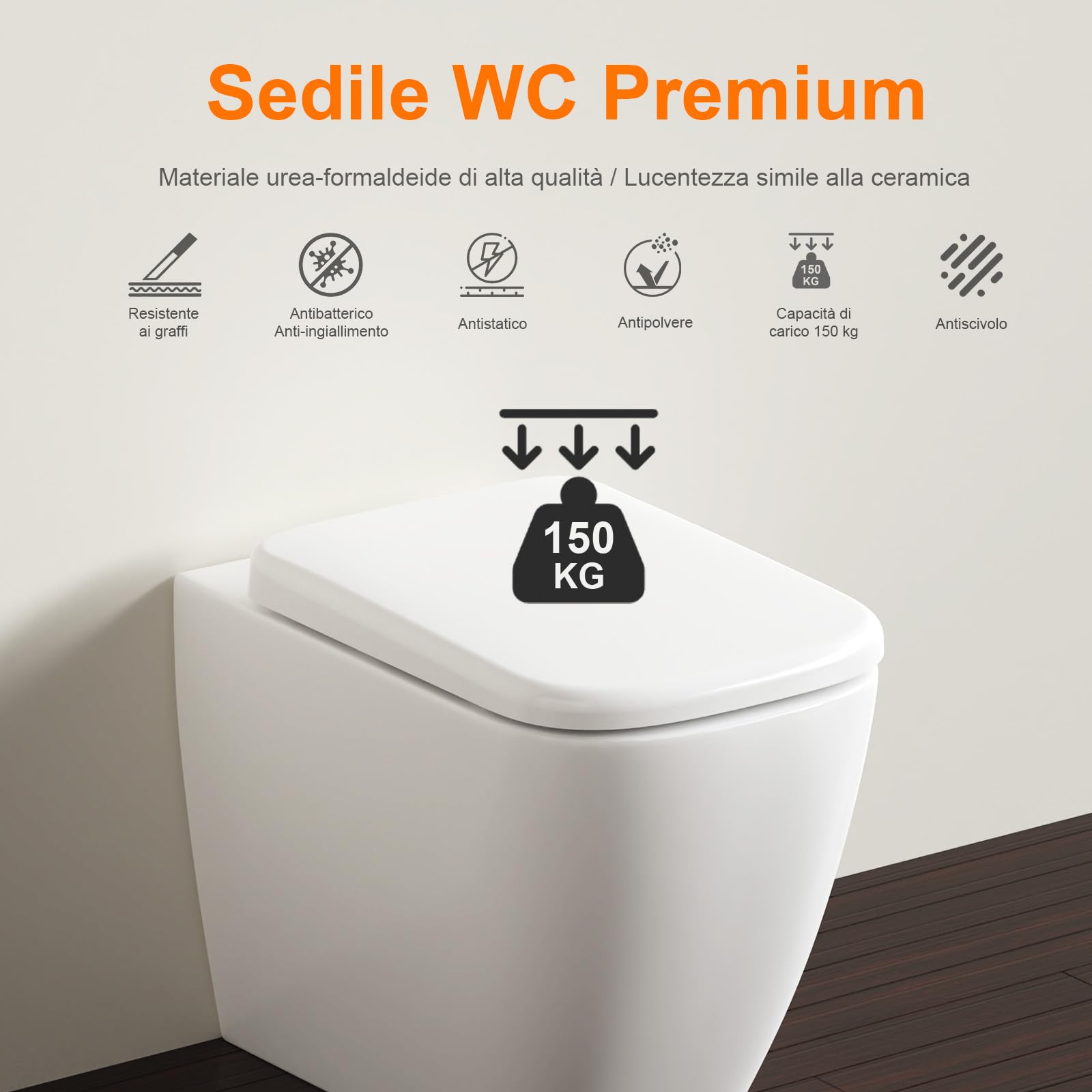 GRIFEMA Copriwater Universali, Tavoletta WC Quadrata con Funzione di Sgancio Rapido, Sedile WC Urea-Formaldeide Materiale Antibatterico, Facile da Pulire, 46.1 * 5.3 * 35.1cm, Bianco